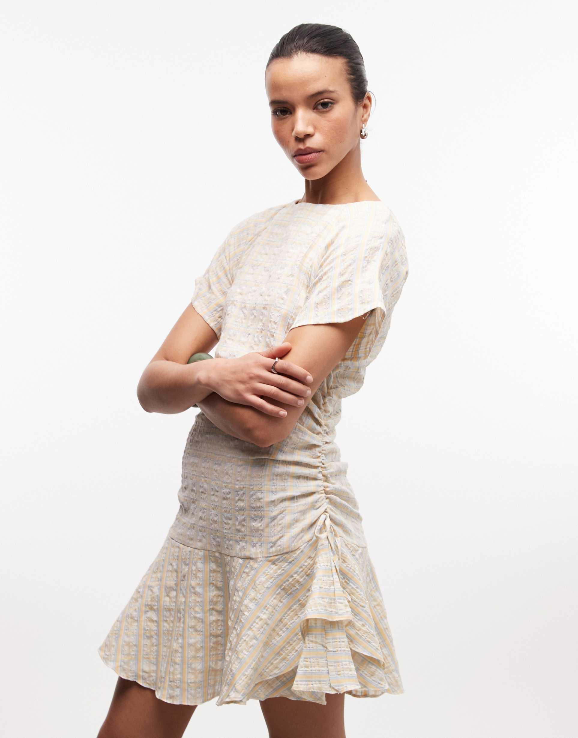 asos design short sleeve mini dress with ruched tie waist detail in yellow plaid