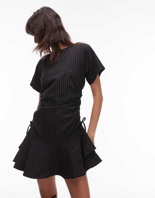 ASOS DESIGN short sleeve mini dress with ruched tie waist detailing in black pinstripes