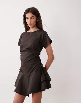 Asos Design Short Sleeve Mini Dress With Ruched Tie Waist Detailing In Brown