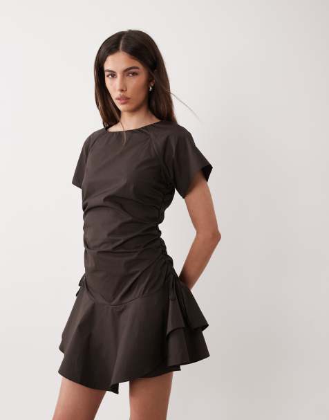ASOS DESIGN short sleeve mini dress with ruched tie waist detailing in brown - view 1