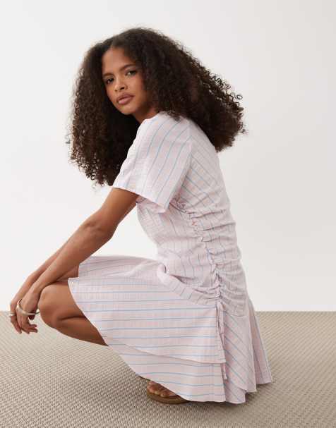 ASOS DESIGN short sleeve mini dress with ruched tie waist detailing in pink and blue stripes - view 1