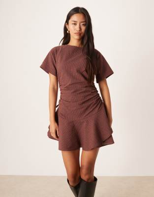 ASOS DESIGN short sleeve mini dress with ruching tie waist detail in berry check print-Multi
