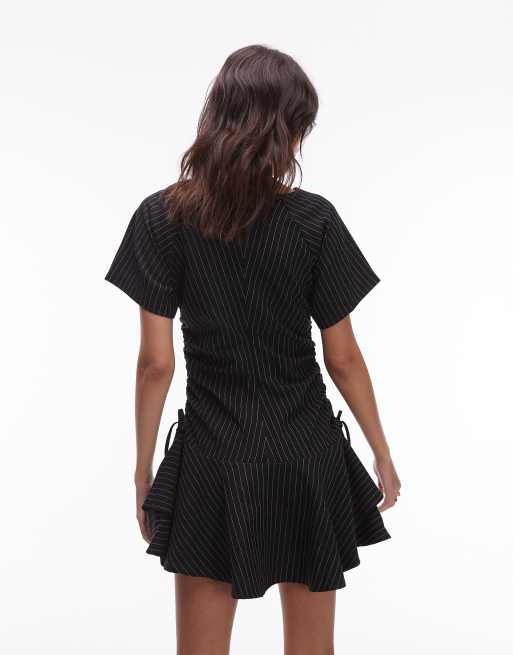 ASOS DESIGN short sleeve mini dress with ruched tie waist detailing in black pinstripes