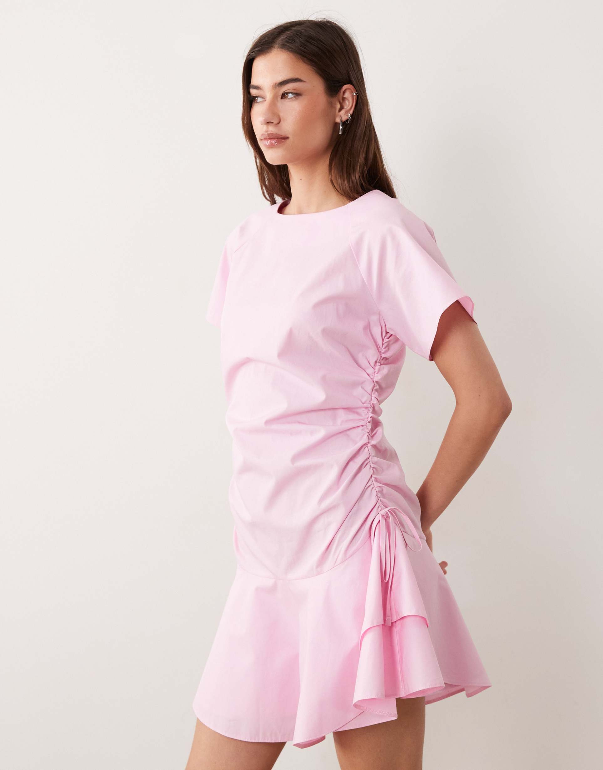 asos design short sleeve mini dress with ruching tie waist detail in pink