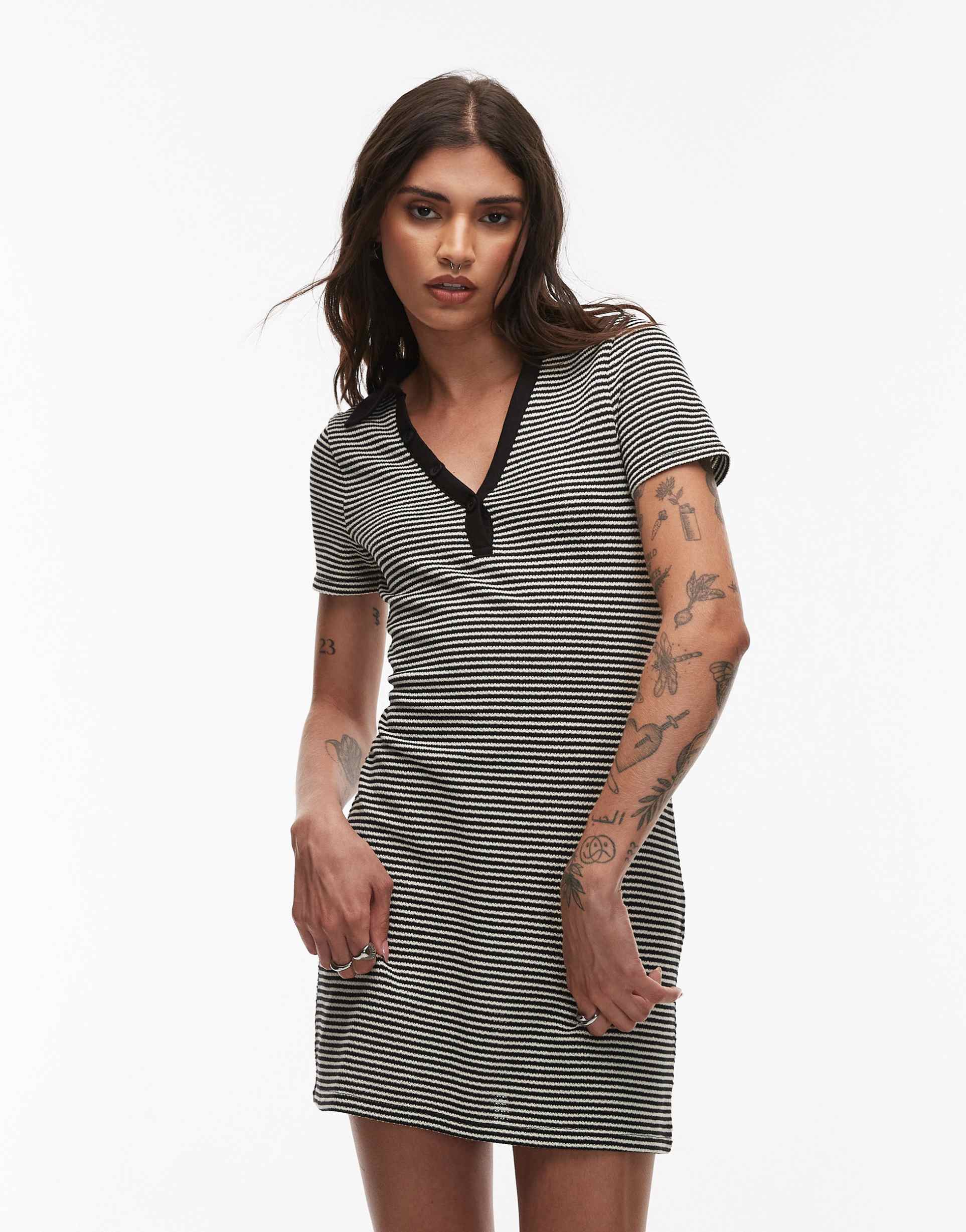 asos design short sleeve mini polo dress in stripes