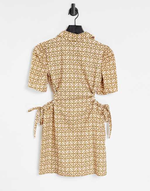 ASOS DESIGN short sleeve mini shirt dress with cut-outs in tile print, 2 of 4