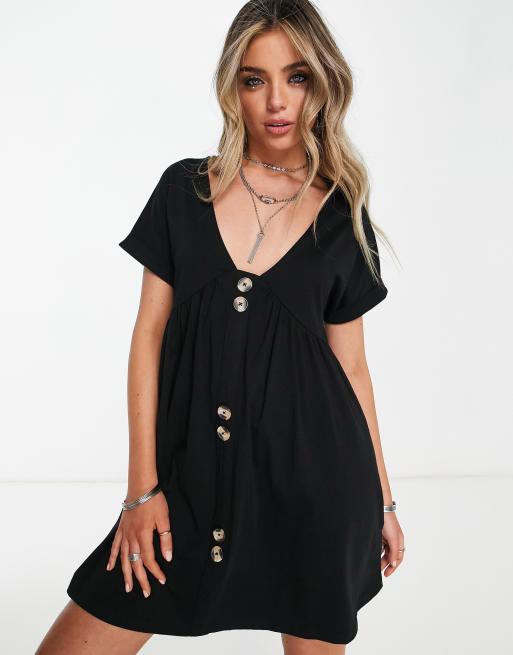 ASOS DESIGN short sleeve mini smock dress with large button detail in ...