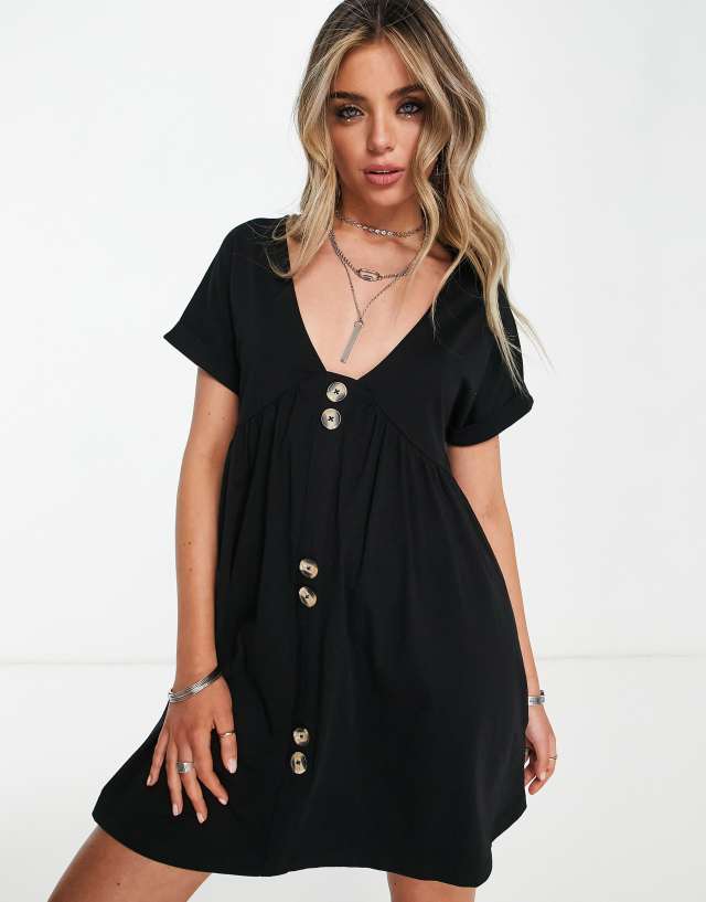 ASOS DESIGN short sleeve mini smock dress with large button detail in black