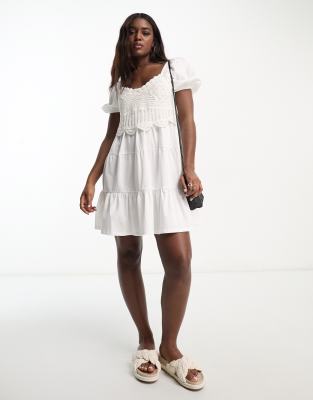 ASOS DESIGN short sleeve mini tiered smock dress with crochet detail in ivory-White