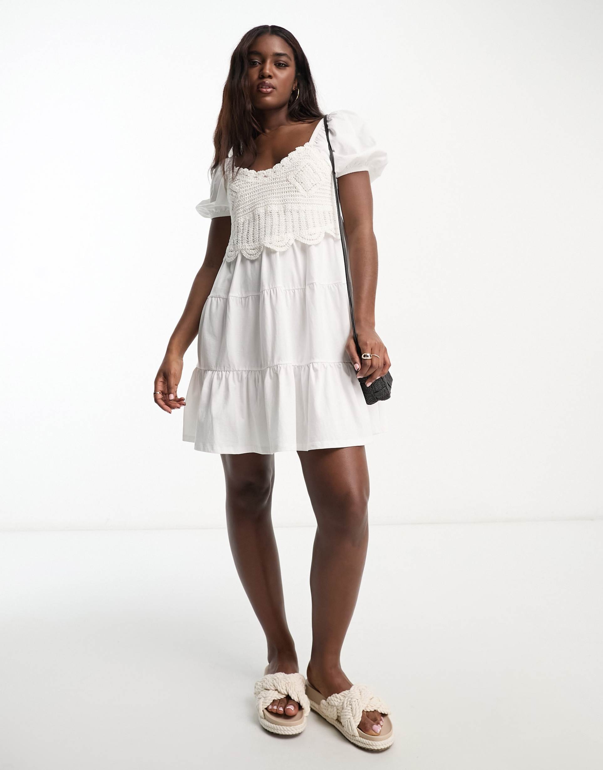 asos design short sleeve mini tiered smock dress with crochet detail in ivory