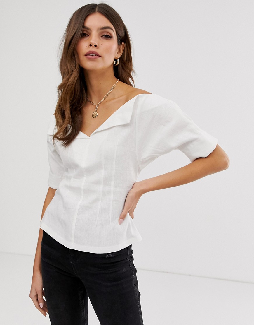 ASOS DESIGN short sleeve off shoulder structured top in linen-White