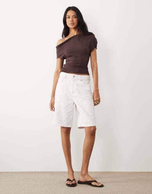 ASOS DESIGN short sleeve off shoulder top with tie detail top in chocolate, 2 of 4