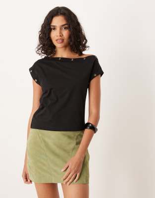 Asos Design Short Sleeve Off The Shoulder T-shirt With Ring Stud Detail In Black