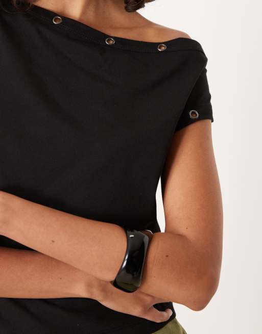 ASOS DESIGN short sleeve off the shoulder t-shirt with ring stud detail in black