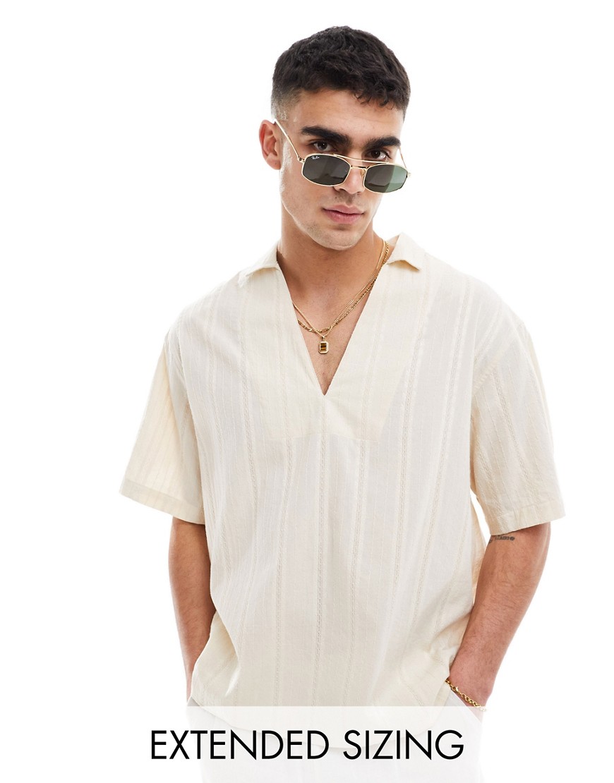 ASOS DESIGN short sleeve overhead linen blend shirt in ecru-White