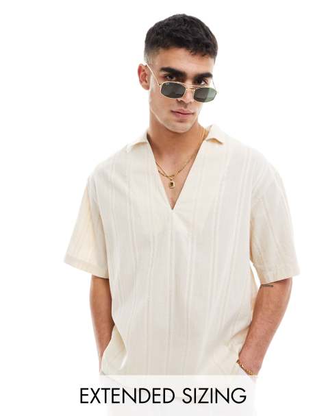 ASOS DESIGN short sleeve overhead linen look shirt in ecru - view 1