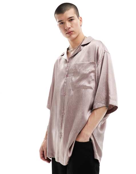 ASOS DESIGN short sleeve oversized bowling shirt with revere collar in dusty pink - view 1