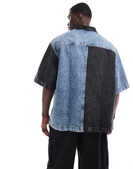 ASOS DESIGN short sleeve oversized colour block denim shirt in washed blue and black, 4 of 4