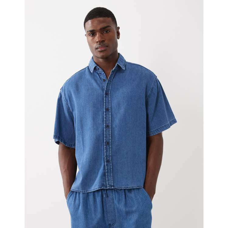 ASOS DESIGN short sleeve oversized linen blend denim shirt in mid