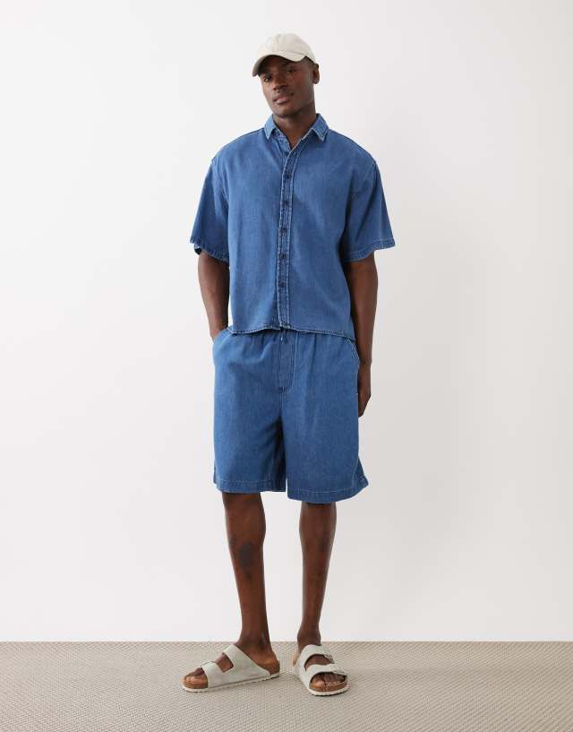 ASOS DESIGN short sleeve oversized linen blend denim shirt in mid