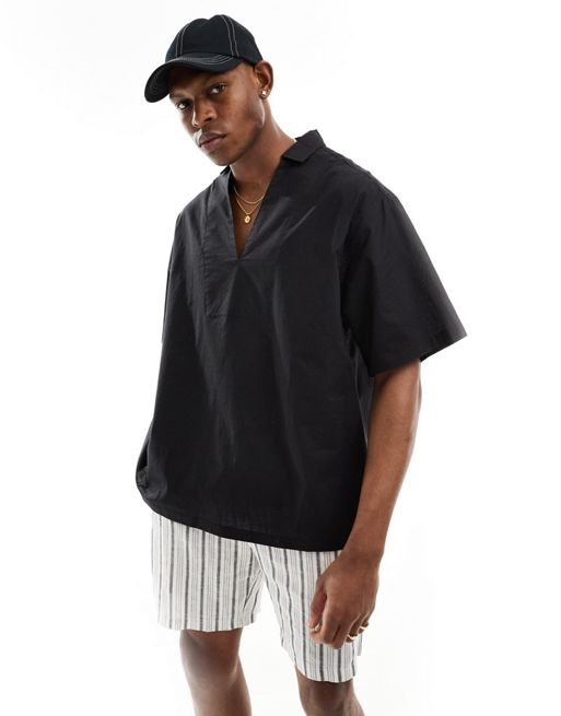 FhyzicsShops DESIGN short sleeve oversized linen blend overhead shirt in black