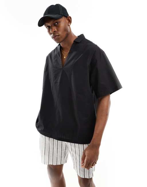 FhyzicsShops DESIGN short sleeve oversized linen blend overhead shirt in black