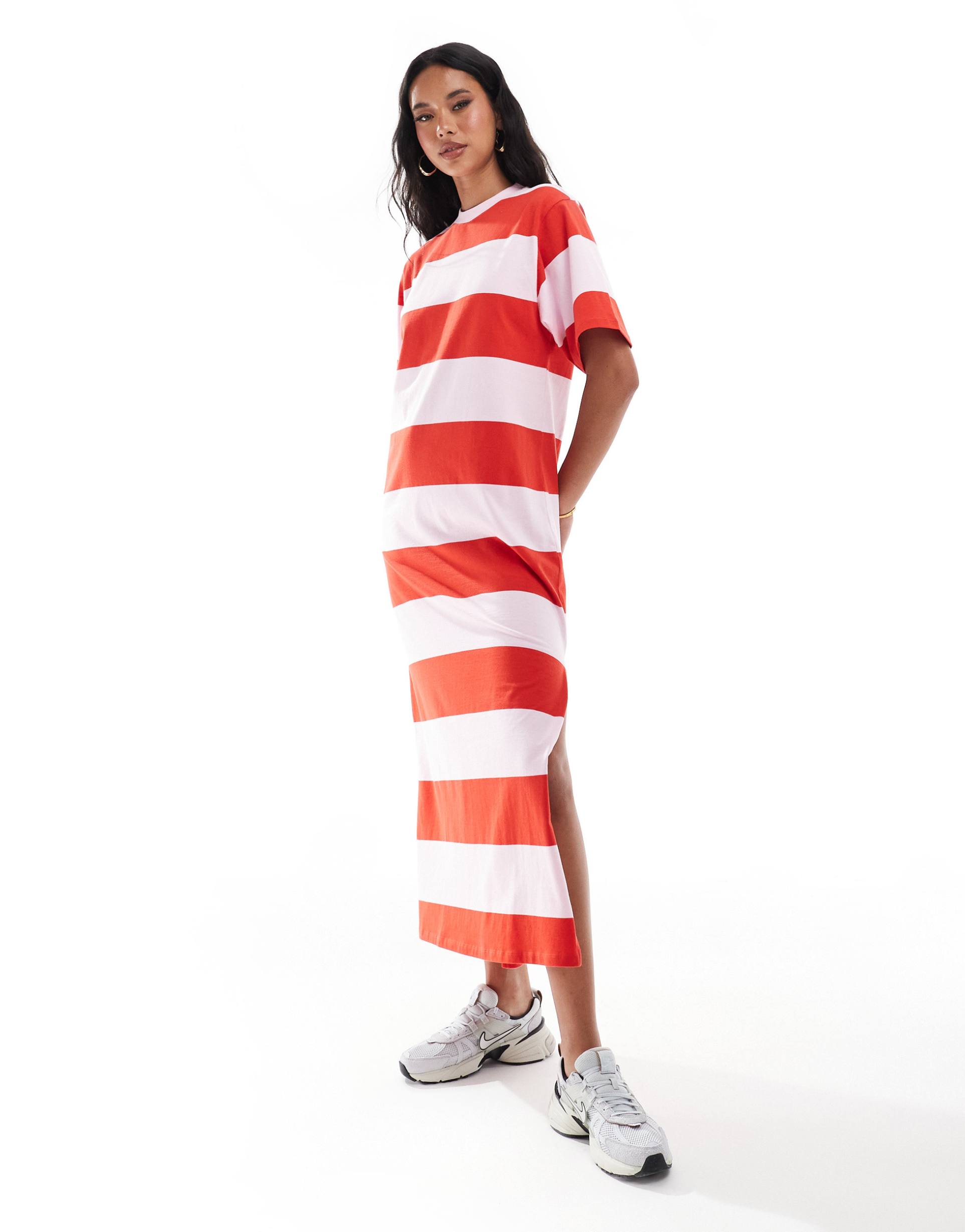 asos design short sleeve oversized midi dress in red and pink stripe