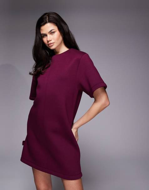 ASOS DESIGN short sleeve oversized mini dress in burgundy in structured scuba-style fabric
