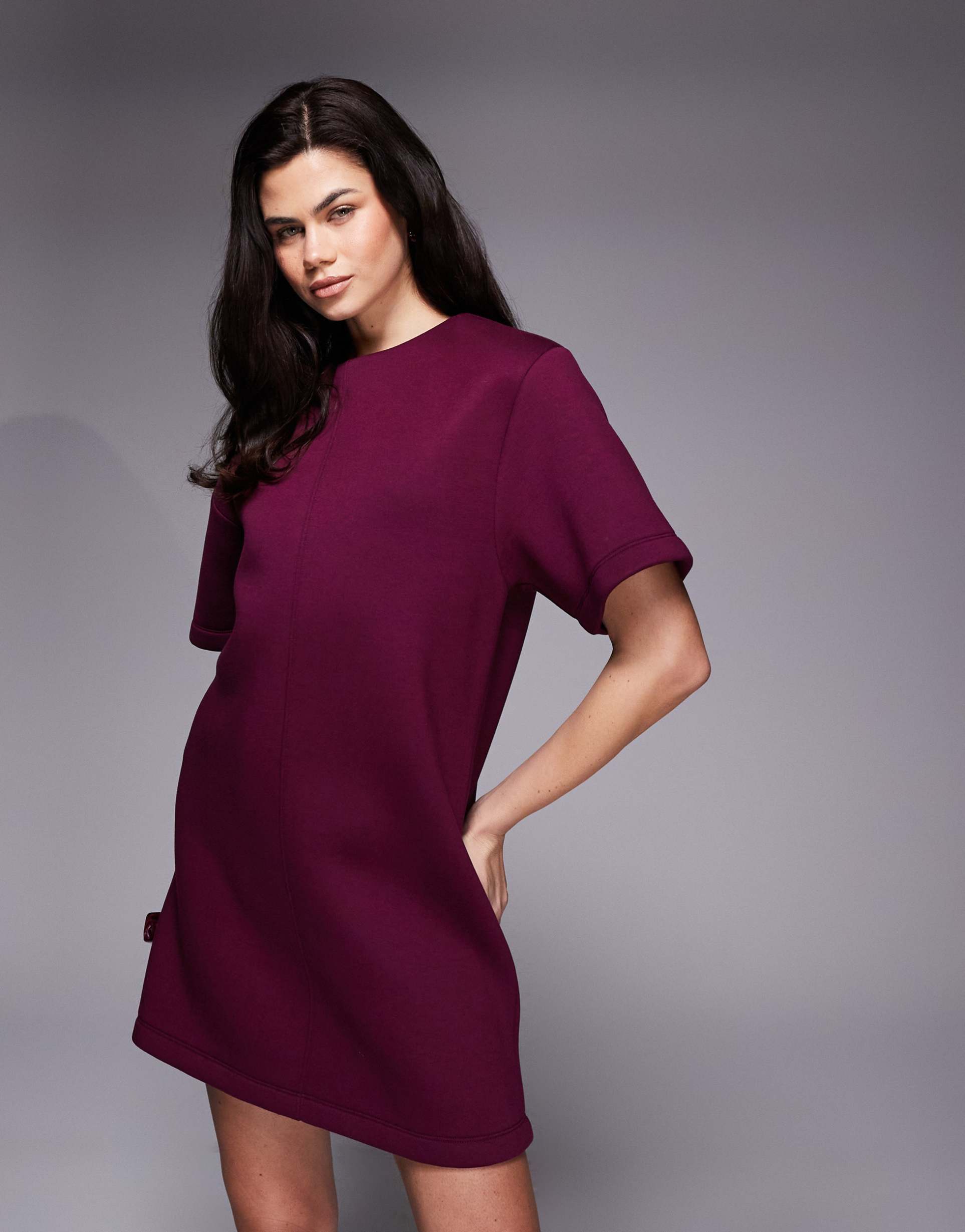 asos design short sleeve oversized mini dress in burgundy structured scuba-style fabric