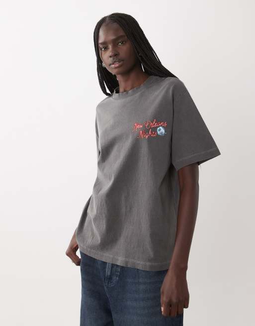 ASOS DESIGN short sleeve oversized New Orleans Nights martini glass graphic top in washed charcoal, 4 of 4