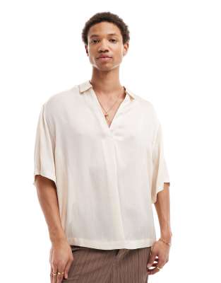 ASOS DESIGN short sleeve oversized overhead textured satin shirt in off white