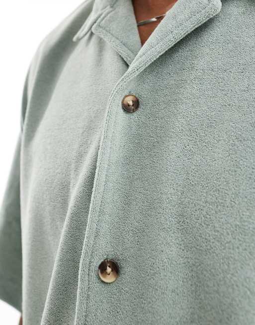 ASOS DESIGN short sleeve oversized revere towelling shirt in sage green, 3 of 4