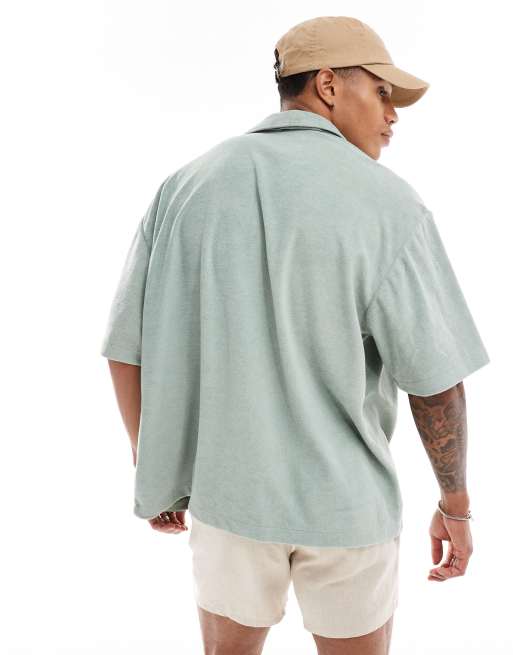 ASOS DESIGN short sleeve oversized revere towelling shirt in sage green, 4 of 4