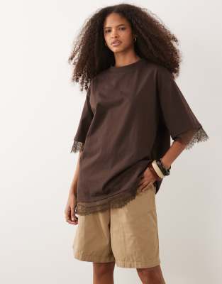 Asos Design Short Sleeve Oversized T-shirt With Lace In Brown
