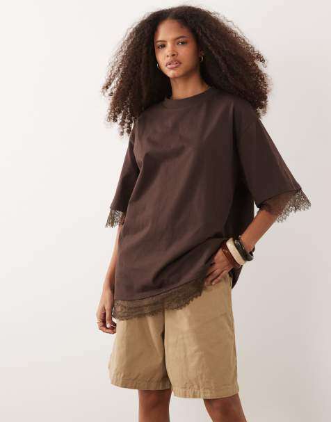 ASOS DESIGN short sleeve oversized t-shirt with lace in brown - view 1