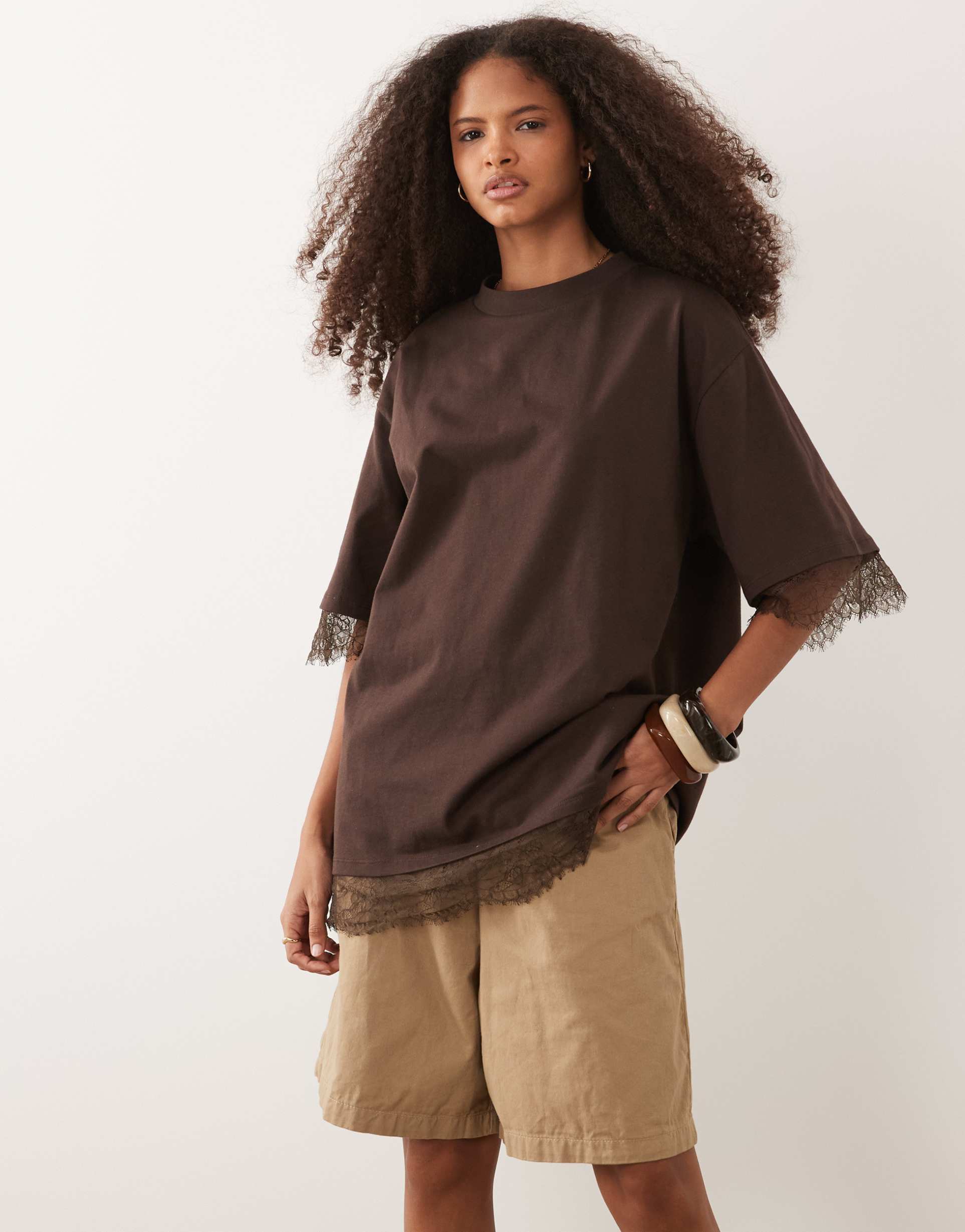 asos design short sleeve oversized t-shirt with lace in brown
