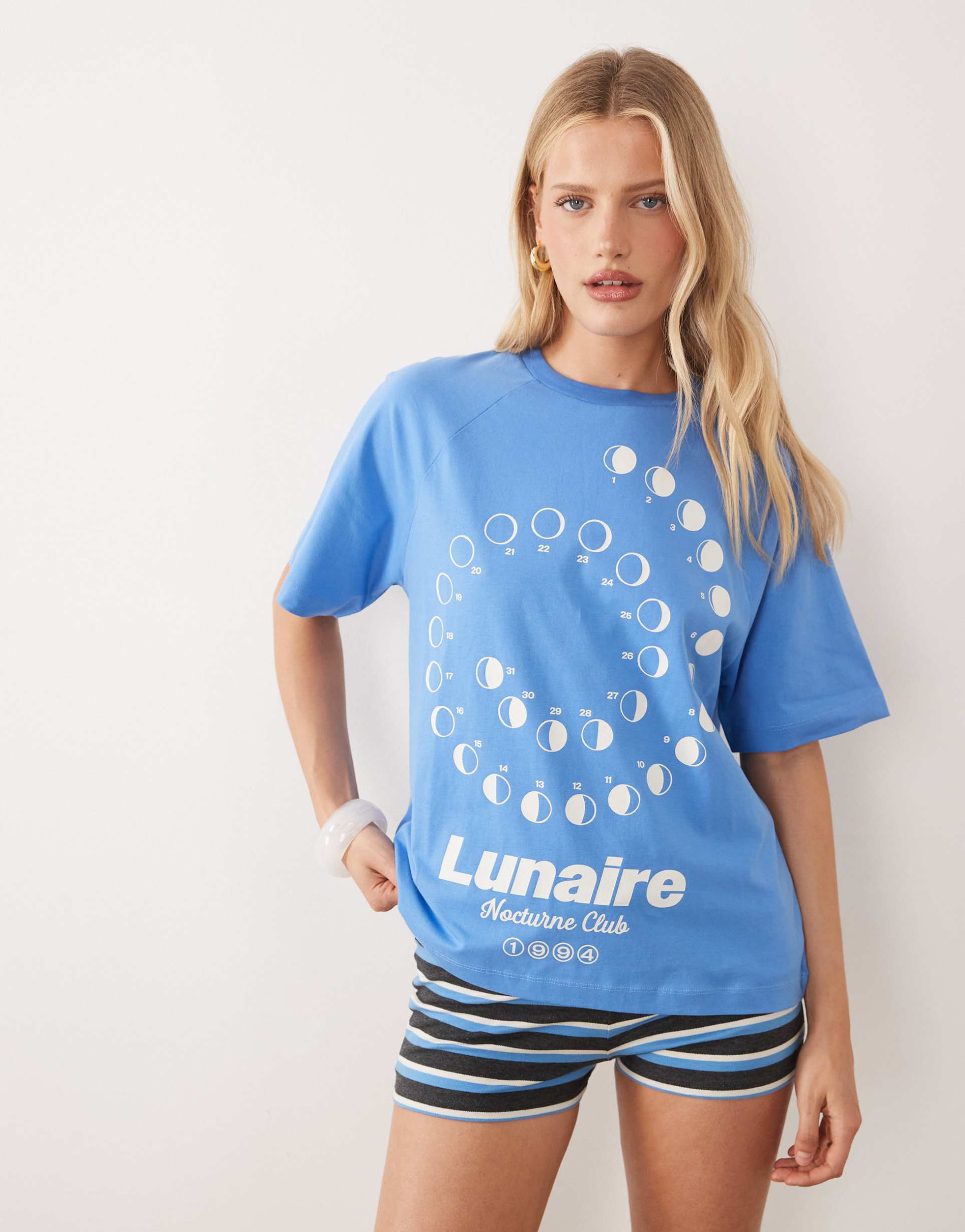 asos design short sleeve oversized t-shirt with lunaire graphic in cobalt