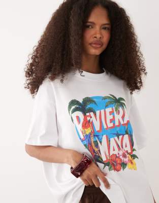 Asos Design Short Sleeve Oversized T-shirt With Riviera Maya Graphic In White