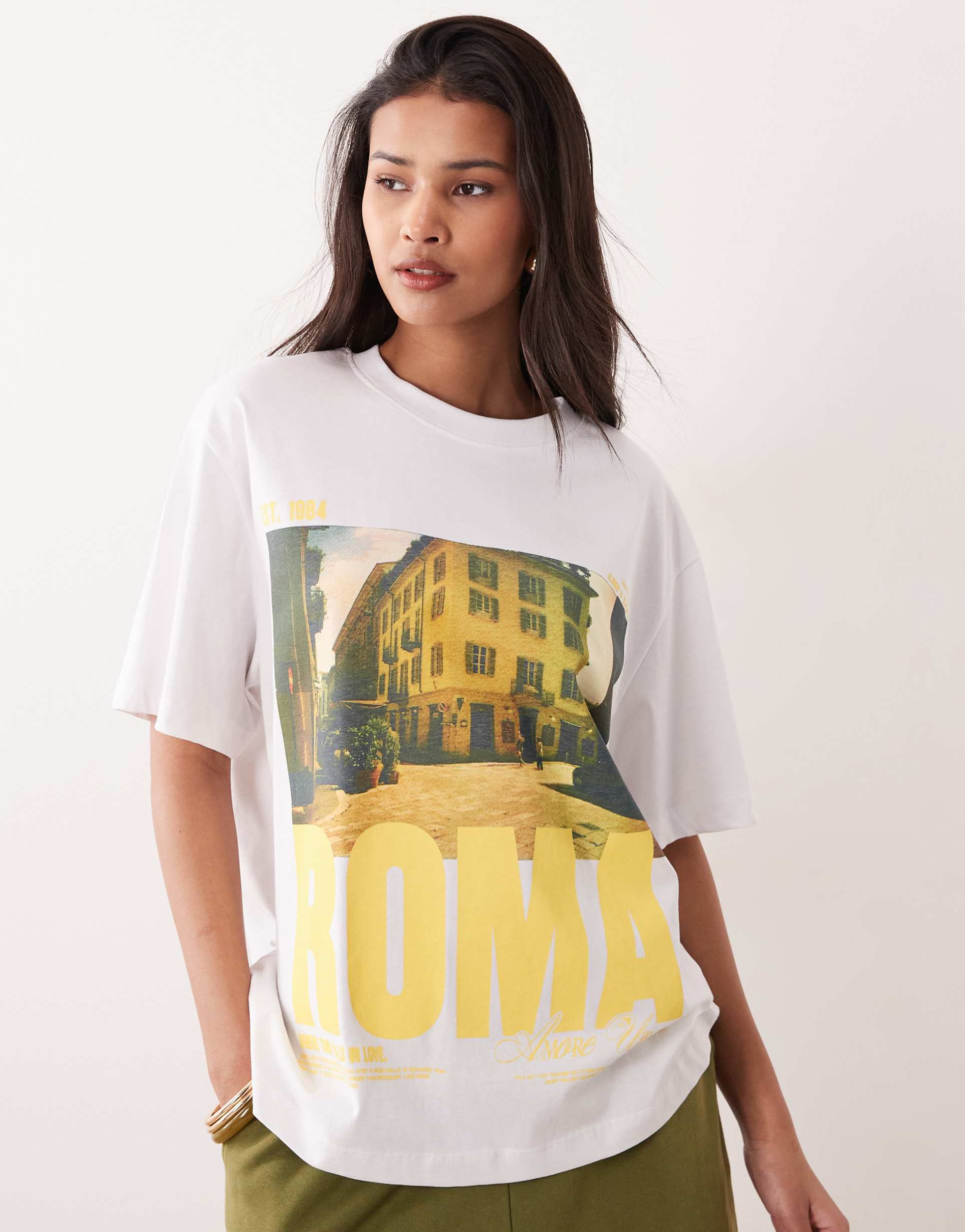 asos design short sleeve oversized t-shirt with roma graphic in white