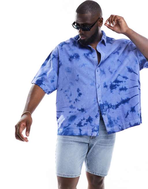 ASOS DESIGN short sleeve oversized tie dye corduroy shirt in blue ASOS