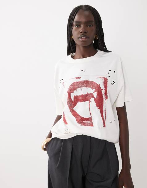 ASOS DESIGN short sleeve oversized with teeth graphic top in cream - view 1