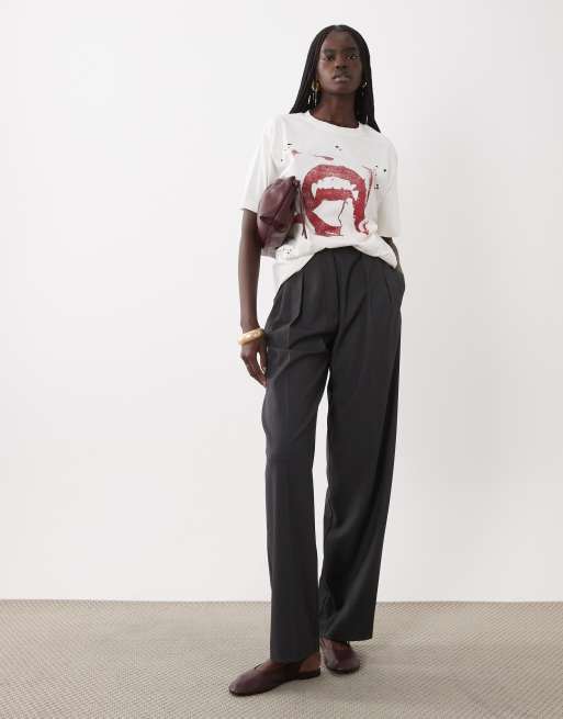 ASOS DESIGN short sleeve oversized with teeth graphic top in cream, 2 of 4