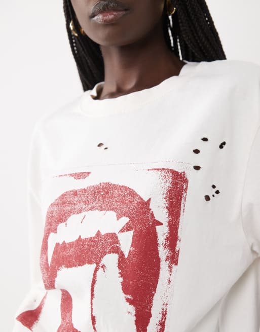ASOS DESIGN short sleeve oversized with teeth graphic top in cream, 3 of 4