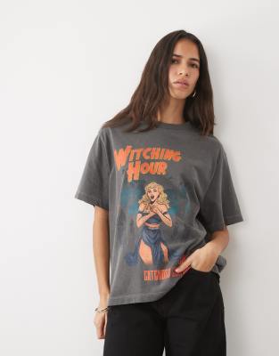 Asos Design Short Sleeve Oversized With Witching Hour Graphic Top In Grey