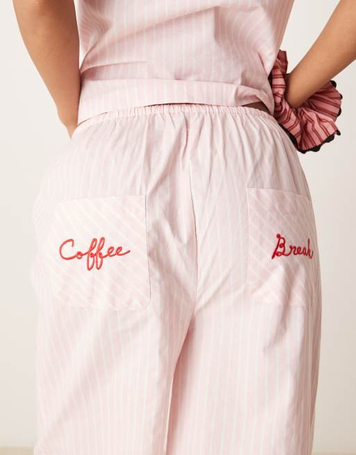 ASOS DESIGN short sleeve pajama set with coffee break embroidery in pink stripes