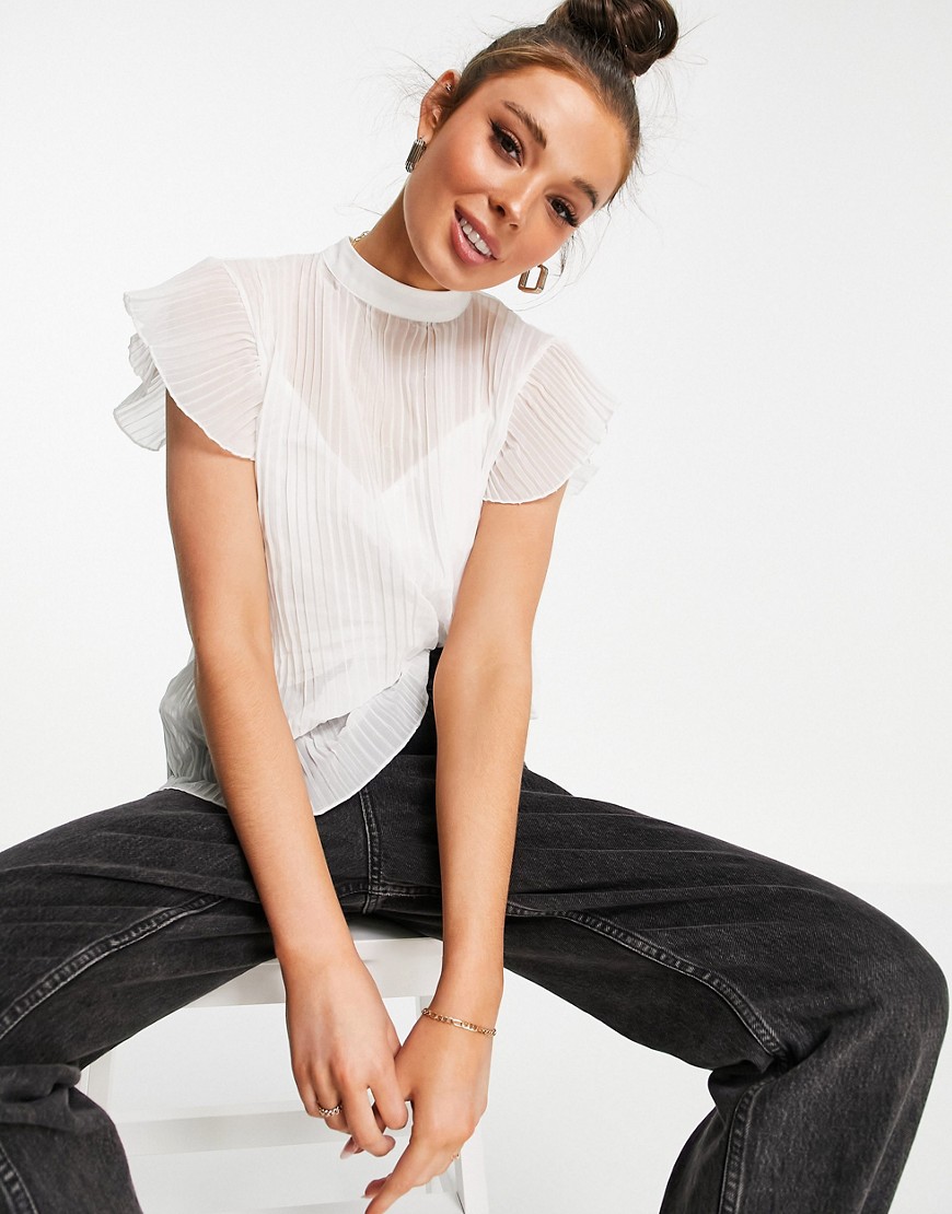 ASOS DESIGN short sleeve pleated top in ivory-White