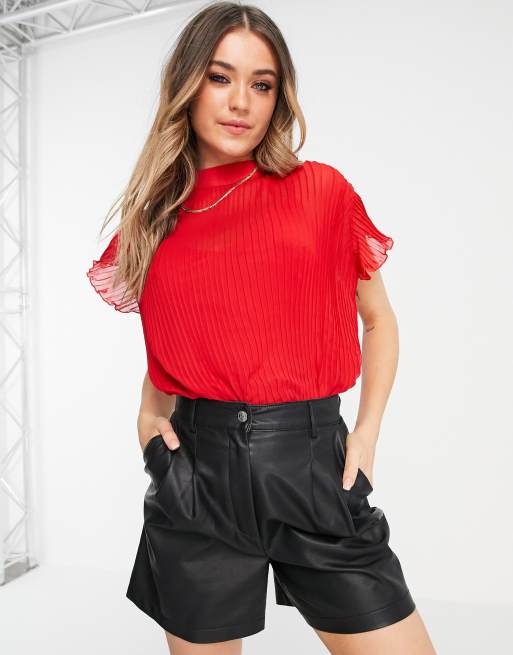 Asos Design Short Sleeve Pleated Top In Red Asos