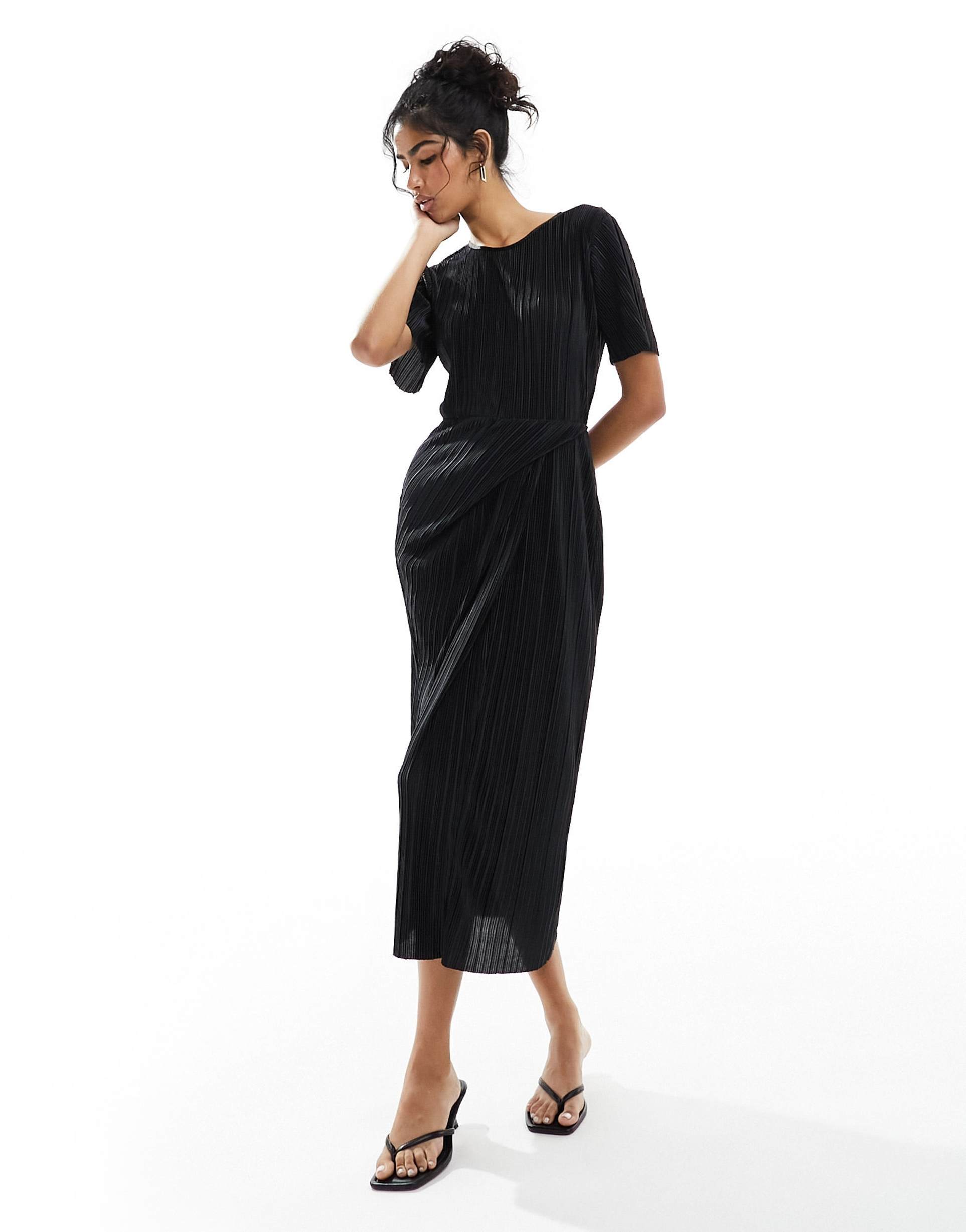 asos design short sleeve plisse twist skirt midi dress in black