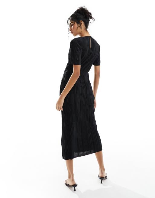 ASOS DESIGN short sleeve plisse twist skirt midi dress in black, 4 of 4