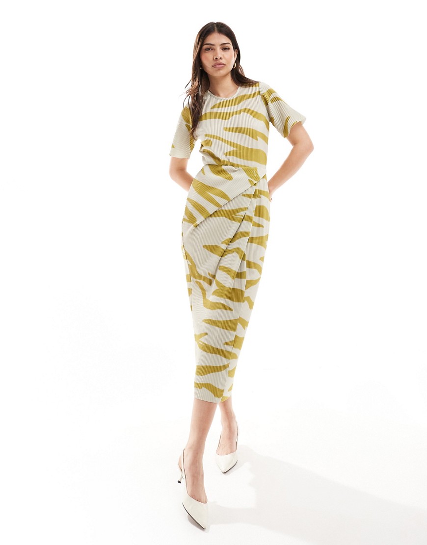Asos Design Short Sleeve Plisse Twist Skirt Midi Dress In Green Zebra Print-multi